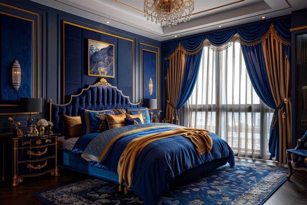 Décorer une chambre avec des nuances de bleu nuit et doré